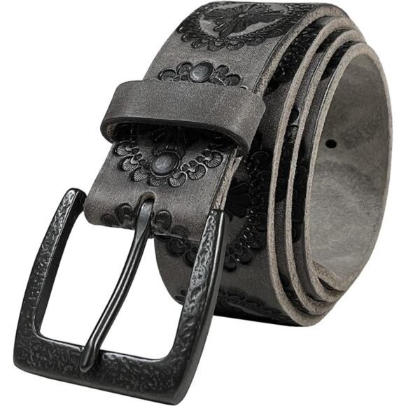 Cowboy Cowgirl Western Tooled Floral Embossed Full Grain Genuine Leather Belt
